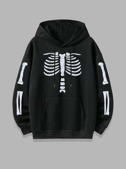 Women's Skeleton Print Drop Shoulder Hoodie, Fashion Casual Drawstring Pocket Hooded Sweatshirt for Daily Holiday Outdoor Wear, Women Clothing for Fall & Winter