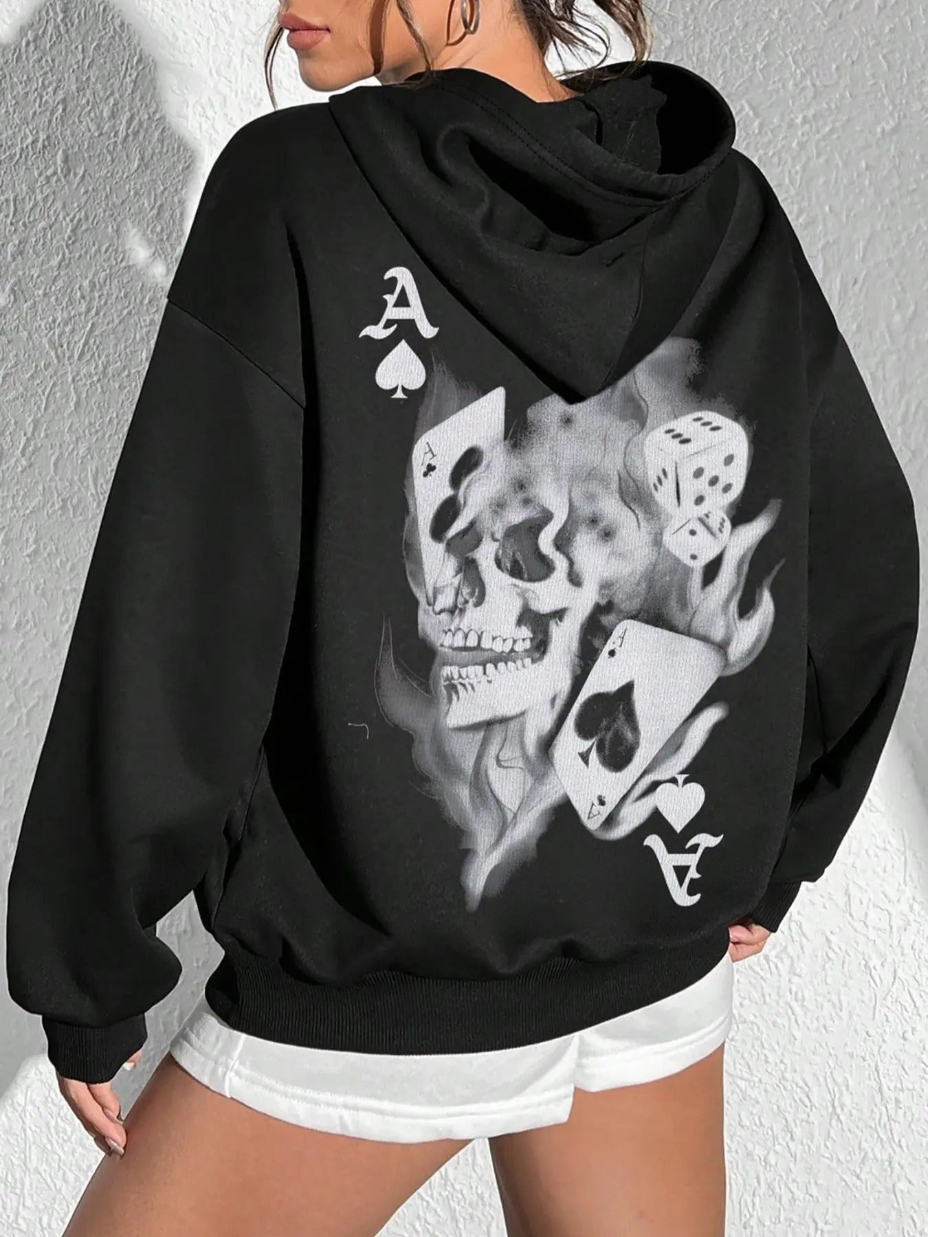 Women's Skull & Dice Print Drop Shoulder Hoodie, Fashion Casual Drawstring Hooded Sweatshirt for Daily Holiday Outdoor Wear, Ladies Clothes for Fall & Winter