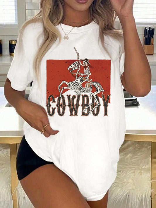 Women's Skull & Letter Print Round Neck Tee, Fashion Casual Crew Neck T-Shirt for Daily Holiday Vacation Outdoor Wear, Ladies Clothes for All Seasons