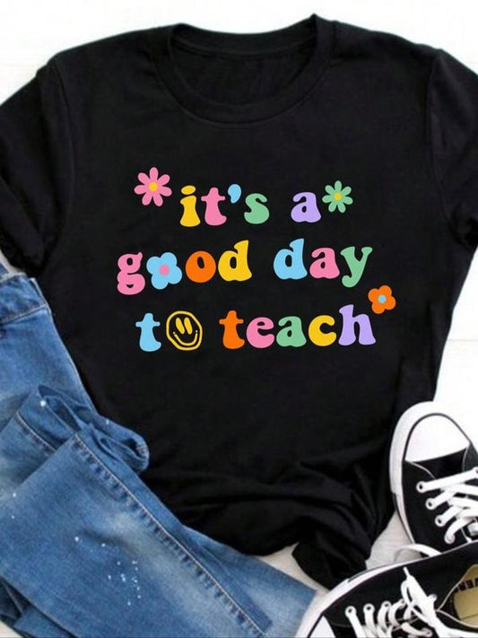 Women's Slogan Cartoon Face Floral Print Round Neck Tee, Fashion Casual Crew Neck T-shirt for Daily Holiday Vacation Outdoor Wear, Ladies Teen Girls Clothes Tops