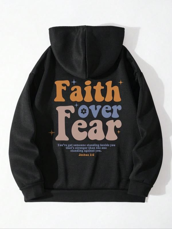 Women's Slogan Print Drop Shoulder Hoodie, Fashion Casual Drawstring Pocket Hooded Sweatshirt for Daily Holiday Outdoor Wear, Women Clothes for Fall & Winter