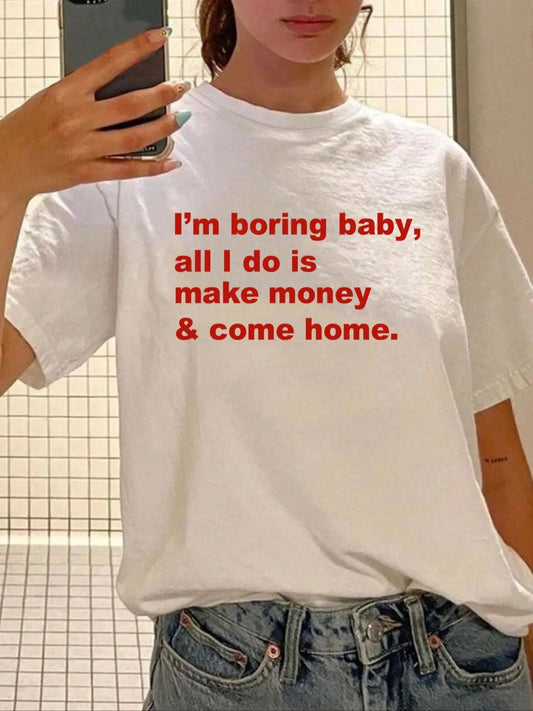 Women's Slogan Print Round Neck Drop Shoulder Tee, Fashion Casual Crew Neck T-shirt for Daily Holiday Vacation Outdoor Wear, Ladies Clothes for Summer