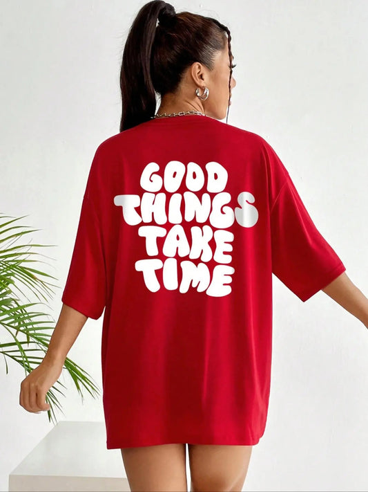 Women's Slogan Print Round Neck Graphic Tee, Vintage Trendy Casual Drop Shoulder Half Sleeve T-shirt For Daily Wear,...