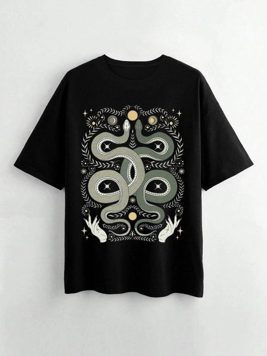 Women's Snake & Star & Moon Print Round Neck Tee, Vintage Trendy Casual Short Sleeve T-shirt for Daily Wear, Ladies...