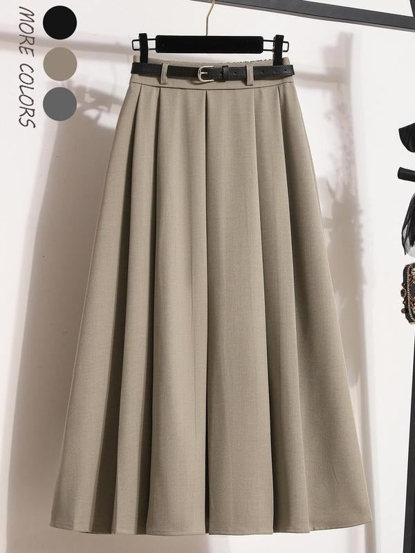 Women's Solid Color Belted Pleated Skirt, Casual Fashion A Line Skirt for Daily Outdoor Wear, Women's Bottoms for Spring...