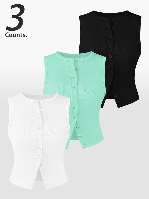 Women's Solid Color Button Vest, Casual Sleeveless Round Neck Knit Top for Daily Wear, Ladies Clothes for All Seasons...