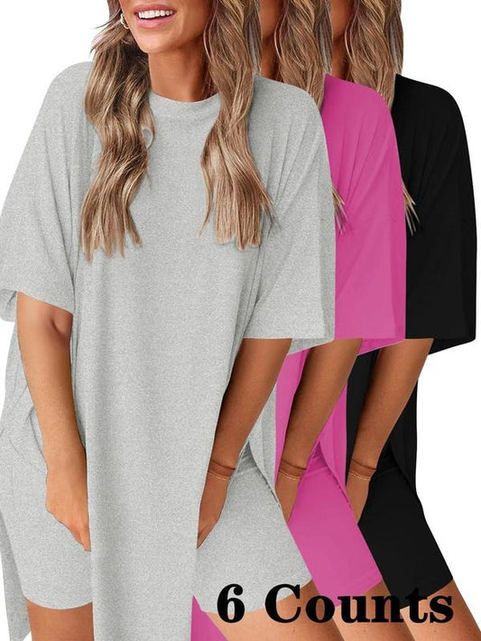 Women's Solid Color Curved Hem Tee & Skinny Shorts Set, Casual Fashion Cozy Round Neck Short Sleeve T-shirt & Shorts for...