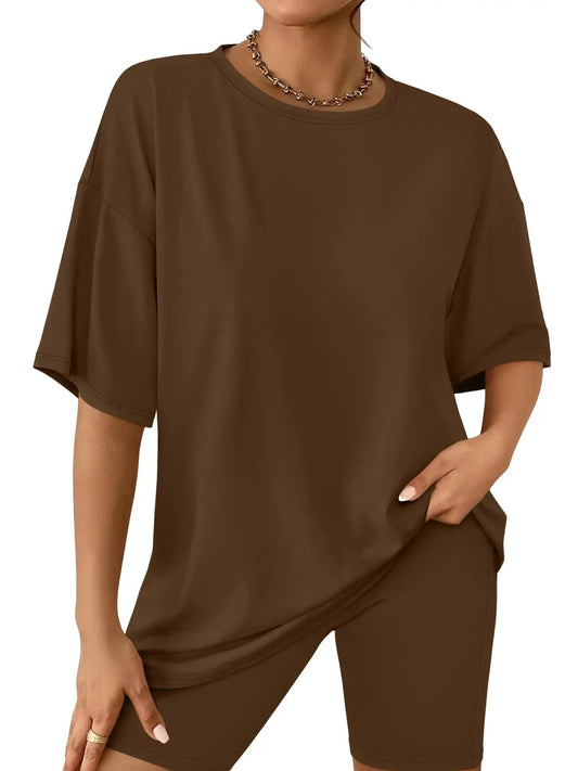 Women's Solid Color Tee & Skinny Shorts Two-Piece Set, Casual Round Neck Short Sleeve T-Shirt & Shorts, Ladies Two-Piece...
