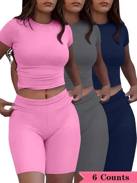 Women's Solid Crop Tee & Skinny Shorts Set, Casual Round Neck Short Sleeve T-shirt & High Waist Shorts, Ladies Two-piece...