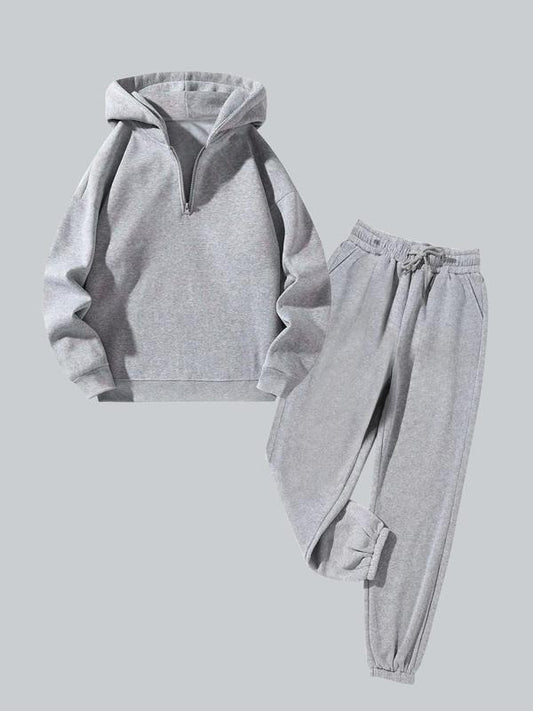 Women's Solid Drop Shoulder Half Zipper Thermal Lined Hoodie & Sweatpants Two-piece Set, Casual Fashion Cozy Breathable Two Piece Outfits for Daily Wear, Ladies Fall & Winter Clothes
