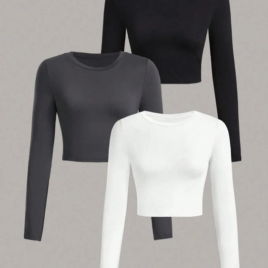 Women's Solid Long Sleeve Crop Tee, Casual Basic Round Neck T-shirt for Spring & Fall, Women's Top for Daily Wear Hoodie,...