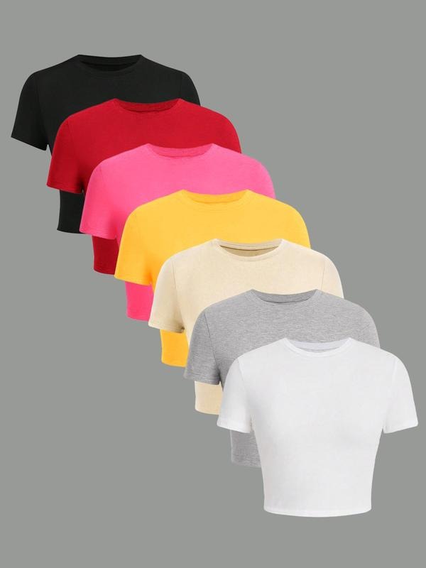 Women's Solid Round Neck Crop Tee Crop Top, Casual Slim-fitting Short Sleeve T-shirt for Summer, Fashion Women's Top Clothing for Daily Wear