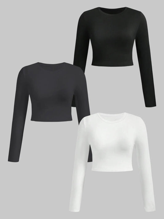 Women's Solid Round Neck Crop Tee, Casual Basic Short Sleeve T-shirt for Spring & Fall, Ladies Clothes for Daily Wear...