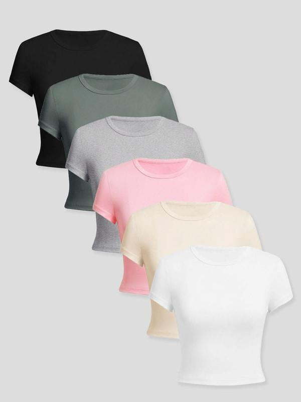 Women's Solid Round Neck Tee, Casual Short Sleeve Crew Neck T-shirt for Fall & Winter, Women's Top for Daily Wear