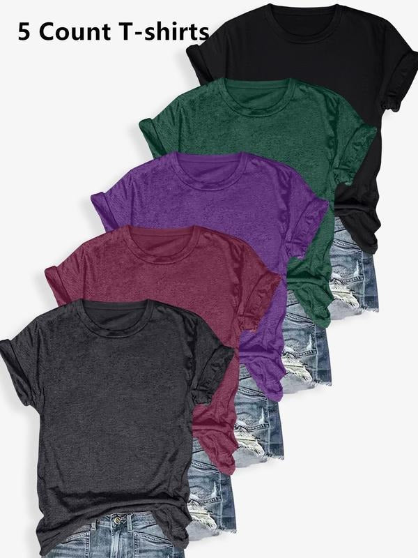 Women's Solid Round Neck Tee, Casual Shortsleeve Crew Neck T-shirt for Summer, Basic Tees, T Shirts for Women, Ladies Tops for Daily Wear, Lady Clothing, Summer Tops, Crewneck Womenswear, Tshirt, Women's Tops