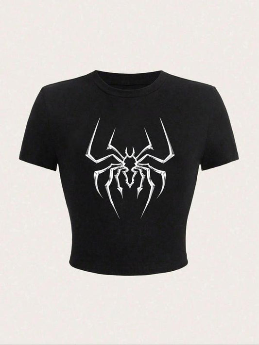 Women's Spider Print Round Neck Crop Tee,  T Shirts for Women, Summer Graphic Tees Women, Fashion Casual Short Sleeve...