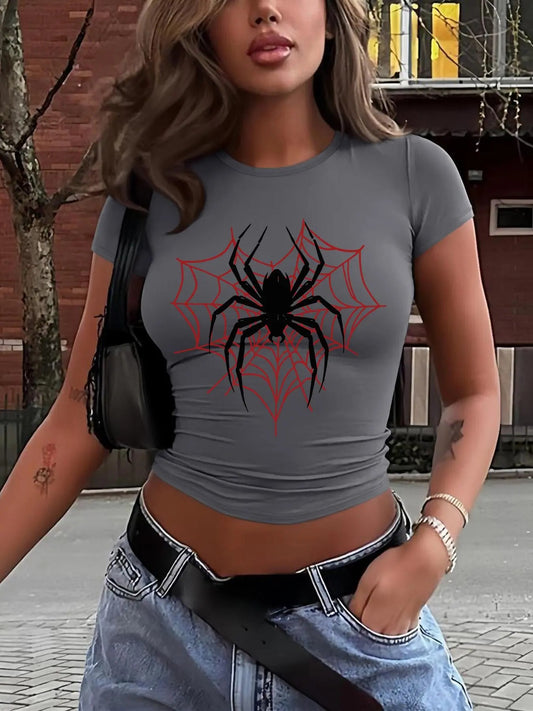 Women's Spider Print Round Neck Tee, Fashion Casual Crew Neck T-shirt for Daily Holiday Vacation Outdoor Wear, Ladies Clothes for All Seasons, Top