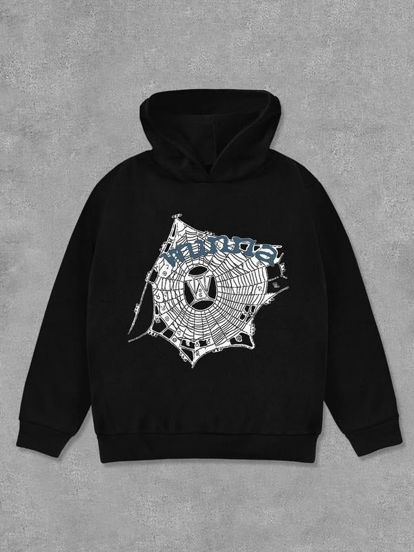 Women's Spider Web & Letter Print Drop Shoulder Hoodie, Fashion Casual Hooded Sweatshirt for Daily Holiday Outdoor Wear, Women Clothing for Fall & Winter