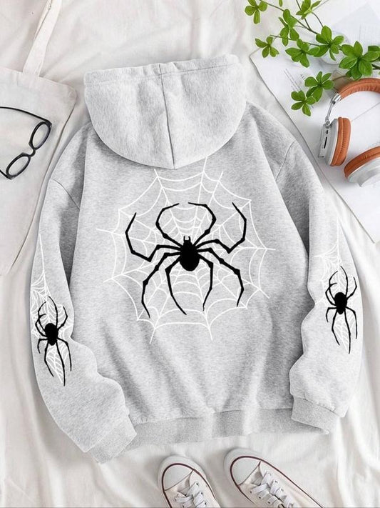 Women's Spider Web & Spider Print Drawstring Pocket Hoodie, Fashion Casual Drop Shoulder Hooded Sweatshirt for Daily Holiday Outdoor Wear, Women Clothing for Fall & Winter