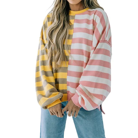 Women's Spring Autumn Loose Sweatshirt Long Sleeve Round Neck Striped Pullover T-Shirts, Hoodie | WearSparks.com