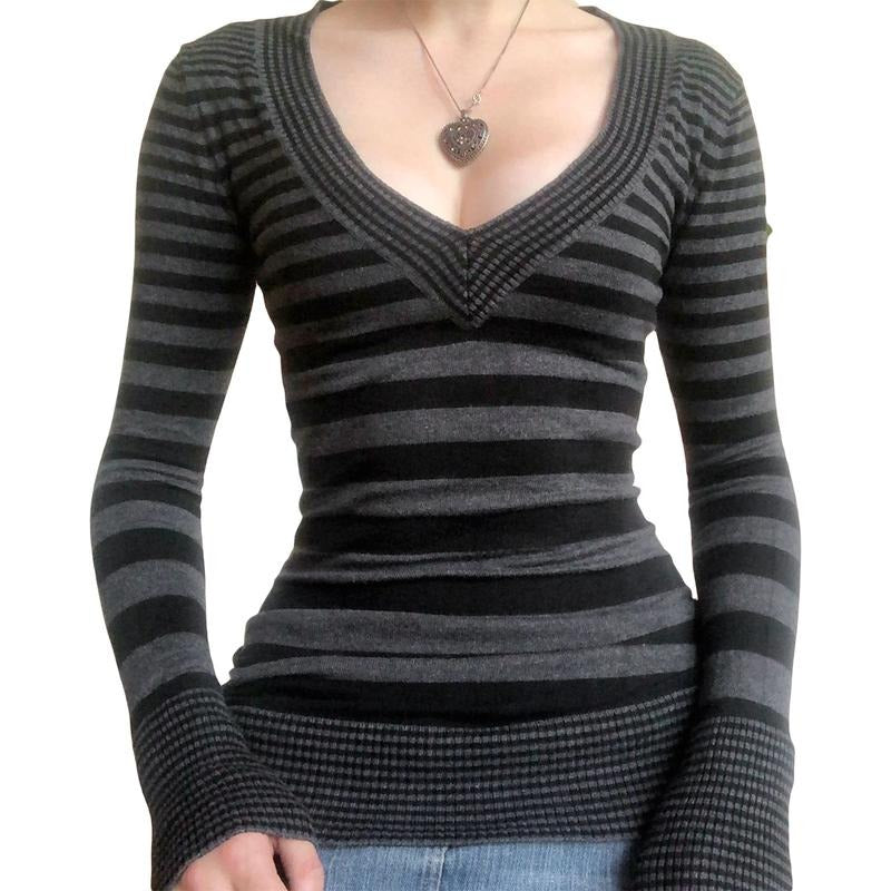 Women's Spring Autumn Slim Knitwear Long Sleeve V Neck Striped Knit Tops Sweater Womenswear Check T-Shirts, Hoodie,...