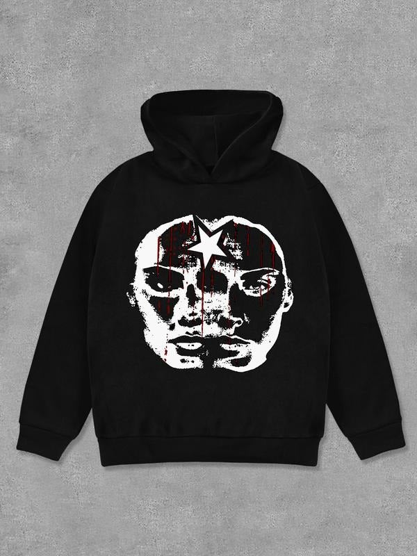 Women's Star & Face Print Hoodie, Fashion Casual Long Sleeve Hooded Sweatshirt for Daily Holiday Outdoor Wear, Women Clothing for Fall & Winter