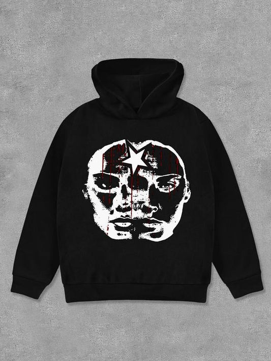 Women's Star & Face Print Hoodie, Fashion Casual Long Sleeve Hooded Sweatshirt for Daily Holiday Outdoor Wear, Women Clothing for Fall & Winter