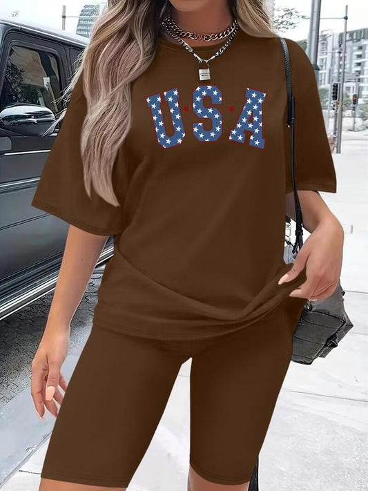 Women's Star & Striped Print Short Sleeve T-Shirt & Skinny Shorts Two-Piece Set, Casual Fashion Cozy Tee & Shorts for...