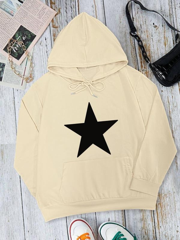 Women's Star Print Drop Shoulder Drawstring Hoodie, Fashion Casual Pocket Hooded Sweatshirt for Daily Holiday Outdoor Wear, Women Clothing for Fall & Winter