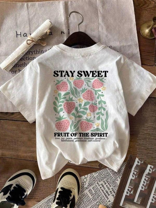 Women's Strawberry & Letter Print Round Neck Tee, Fashion Casual Crew Neck T-Shirt for Daily Holiday Vacation Outdoor Wear, Ladies Clothes for Summer, Top