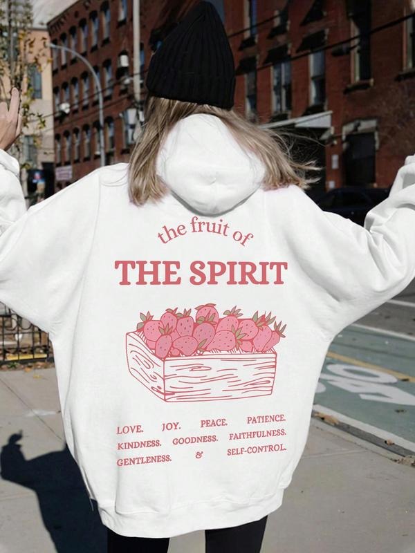 Women's Strawberry & Letter Print Thermal Lined Hoodie, Fashion Casual Drawstring Pocket Hooded Sweatshirt for Daily Holiday Outdoor Wear, Ladies Clothes for All Seasons