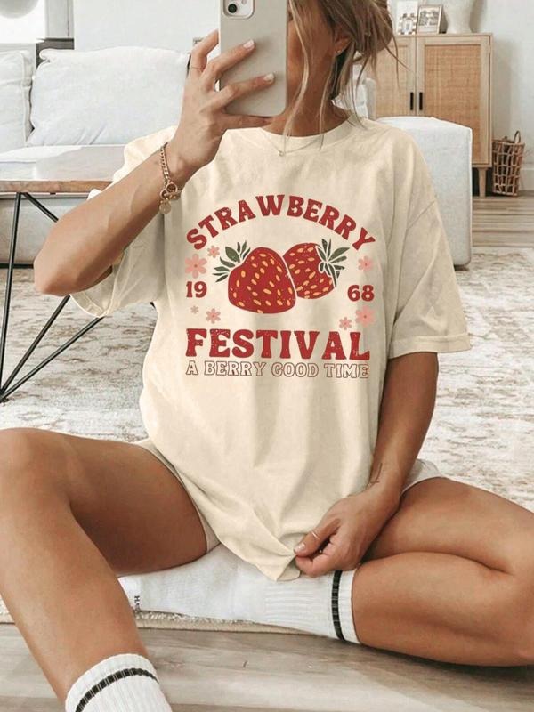Women's Strawberry Print Round Neck Tee, Casual Short Sleeve Crew Neck T-shirt for Summer, Fashion Women's Top for Daily Wearstyle{n002}3