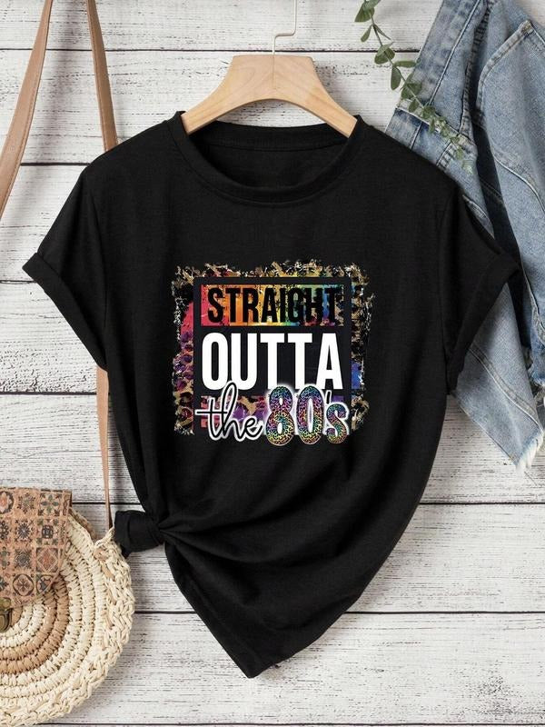 Women's Streetwear Letter & Figure Print Round Neck Tee, Casual Short Sleeve Crew Neck T-Shirt for Summer, Fashion Comfy...