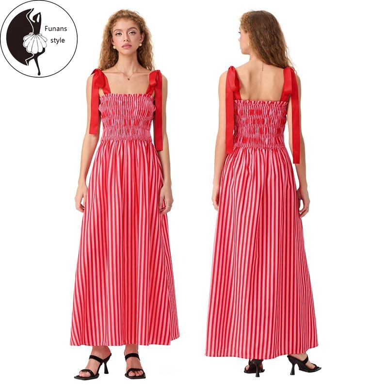 Women's Stripe Print Cami Dress Tie Spaghetti Strap Shirred Detail Backless Long Flowy Dress with Pockets