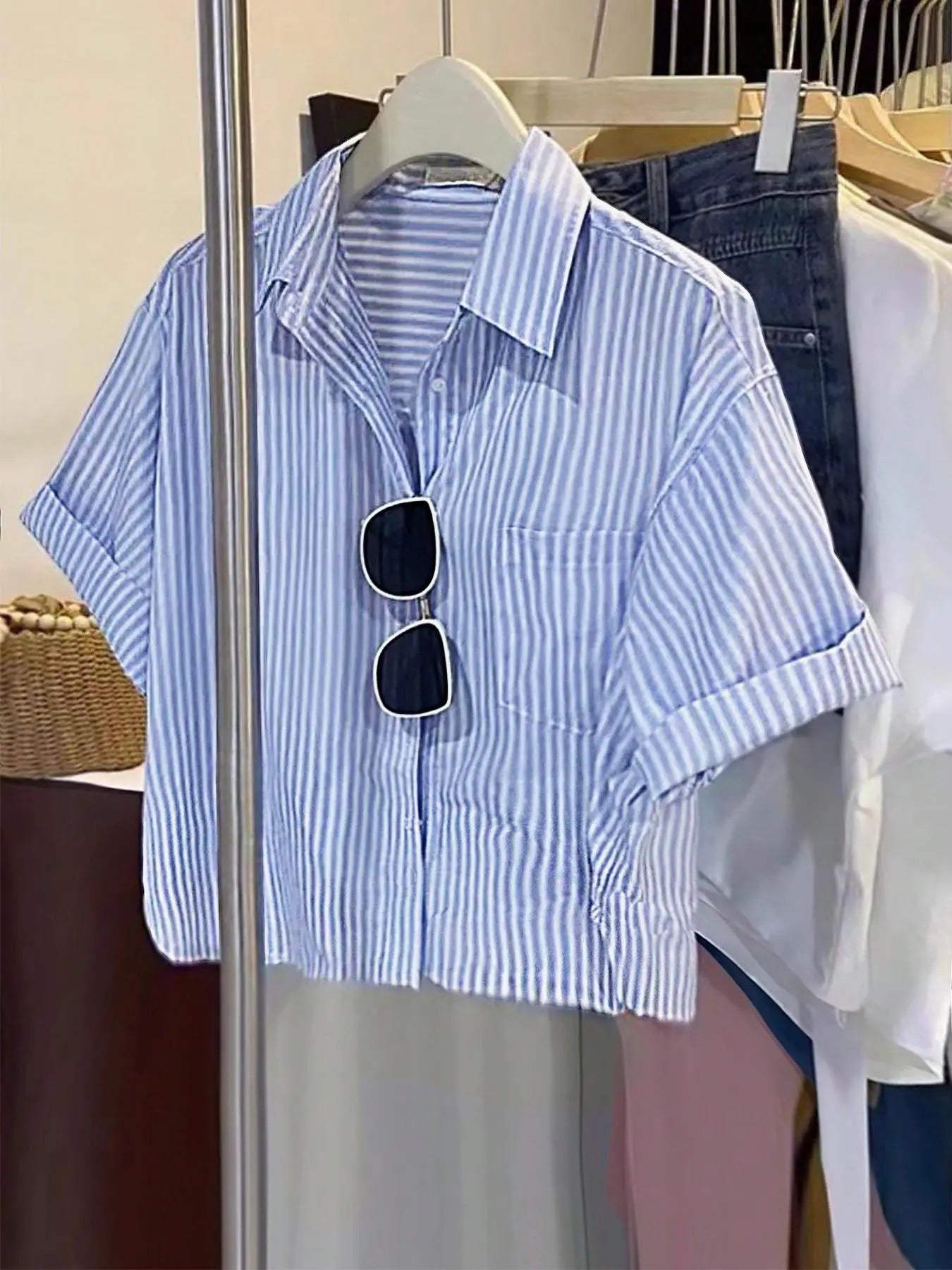 Women's Striped Print Button Front Drop Shoulder Crop Shirt, Casual Pocket Short Sleeve Collared Top for Summer, Ladies...
