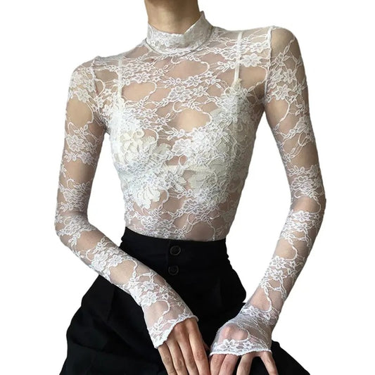 Women's Summer Fashion Crop Tops White Long Sleeve Mock Neck Lace Floral Slim T-shirt Spandex Womenswear Hoodie, Sweatshirt