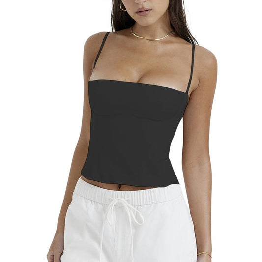 Women's Summer Fitted Cami Tops Solid Color Sleeveless Backless Cropped Going Out Tops Polyester Womenswear T-Shirts,...