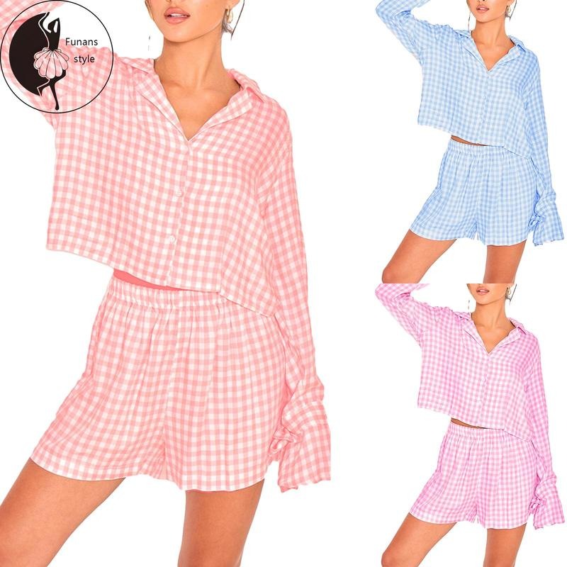 Women's Summer Lounge Set Long Sleeve Lapel Button Up Plaid Print Shirt Shorts Sleepwear Sets Hoodie, Sweatshirt