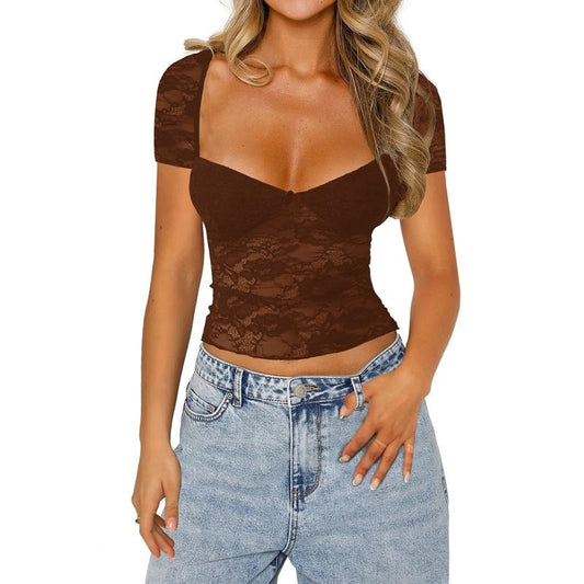 Women's Summer Slim Crop Tops Short Sleeve Low Cut Sheer Lace Floral Club T-shirt Spandex Womenswear Hoodie, Sweatshirt