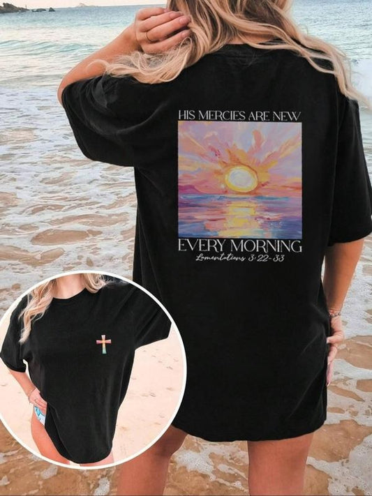 Women's Sun & Letter Print Round Neck Tee, Casual Short Sleeve Crew Neck T-shirt for Summer, Women's Top for Daily Wear