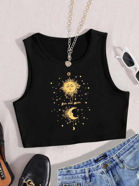 Women's Sun & Moon Print Round Neck Crop Tank Top, Casual Sleeveless Cropped Top for Daily Wear, Ladies Clothes for All...