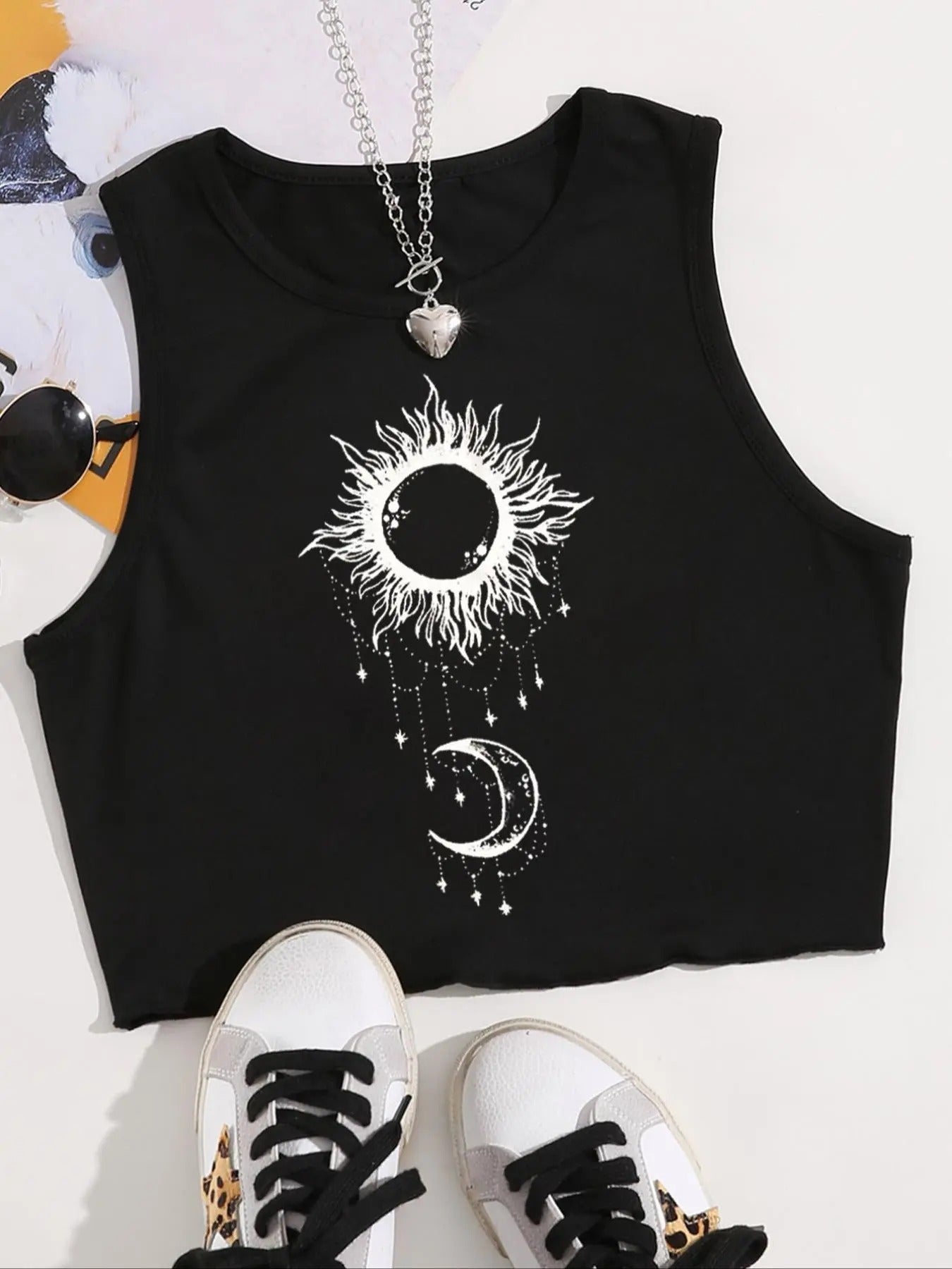 Women's Sun & Moon Print Round Neck Crop Tank Top, Street Style Fashion Casual Sleeveless Cropped Top for Daily Wear,...