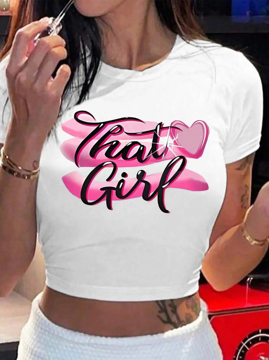 Women's That Girl Round Neck Graphic Tee, Fashion Casual Crew Neck T-shirt for Daily Holiday Vacation Outdoor Wear, Ladies Clothes for Summer, Top