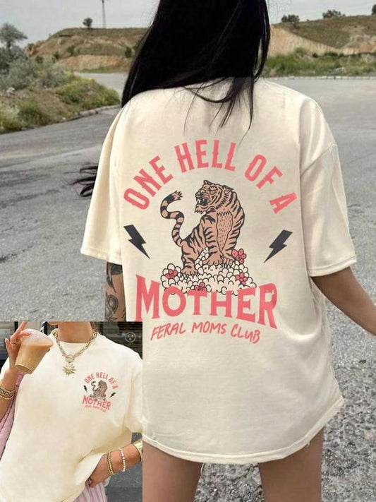 Women's Tiger & Letter Print Round Neck Graphic Tee, Vintage Trendy Casual Short Sleeve Mother's Day T-shirt for Daily...