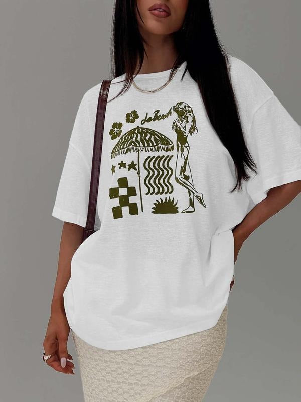 Women's Umbrella & Letter Print Round Neck Tee, Casual Fashion T-shirt for Daily Wear, Ladies Clothes for All Seasons