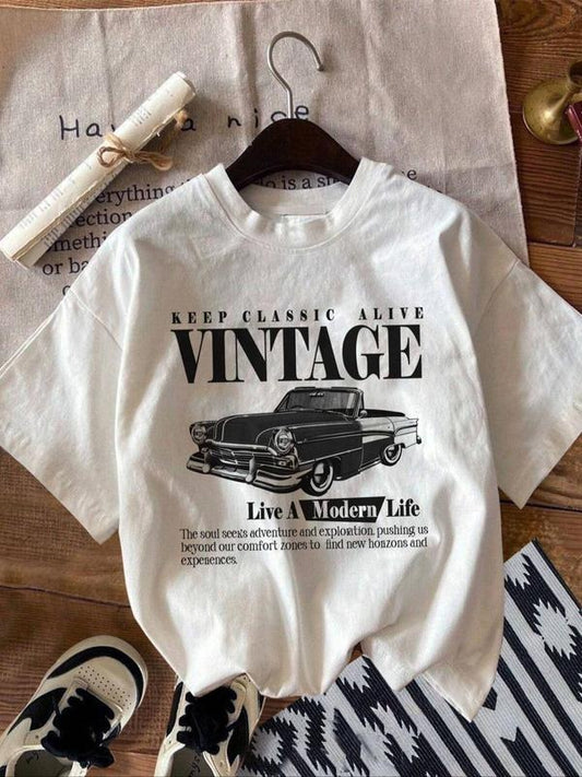 Women's Vintage Car & Letter Print Round Neck Tee, Casual Short Sleeve Crew Neck T-shirt for Summer, Fashion Women's Top...