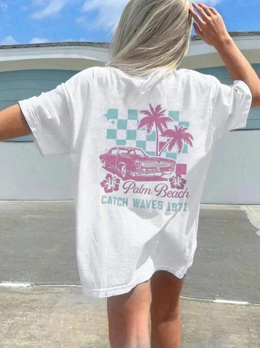 Women's Vintage Car & Palm Tree Print Round Neck Tee, Casual Short Sleeve T-shirt for Summer, Ladies Clothes for Daily Wear, Top