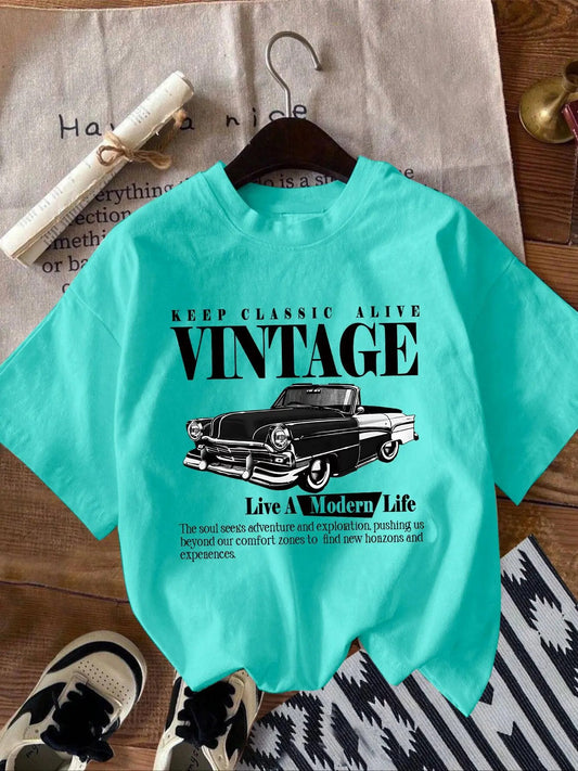 Women's Vintage Car Print Round Neck Tee, Casual Short Sleeve T-shirt for Summer, Women's Top for Daily Wear Hoodie,...
