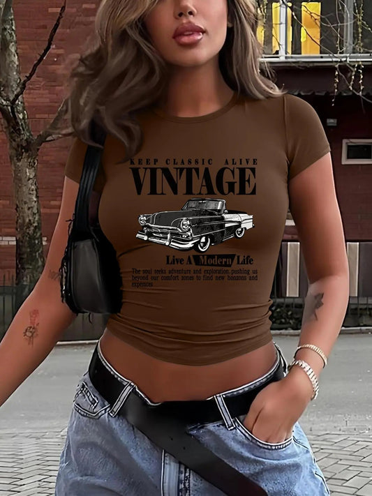 Women's Vintage Classic Car Print Round Neck Tee, Casual Short Sleeve T-shirt for Daily Wear, Ladies Clothes for All...