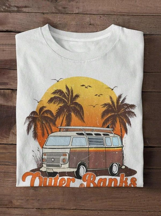 Women's Vintage Letter & Car Print Round Neck Graphic Tee, Casual Short Sleeve T-shirt for Daily Wear, Ladies Clothes for...
